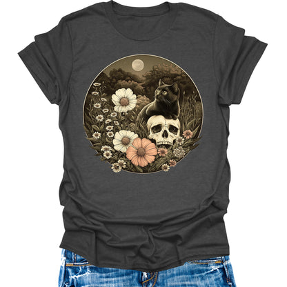 Black Cat Halloween Skull Shirts Women's Vintage Gothic Dark Floral Graphic Tees