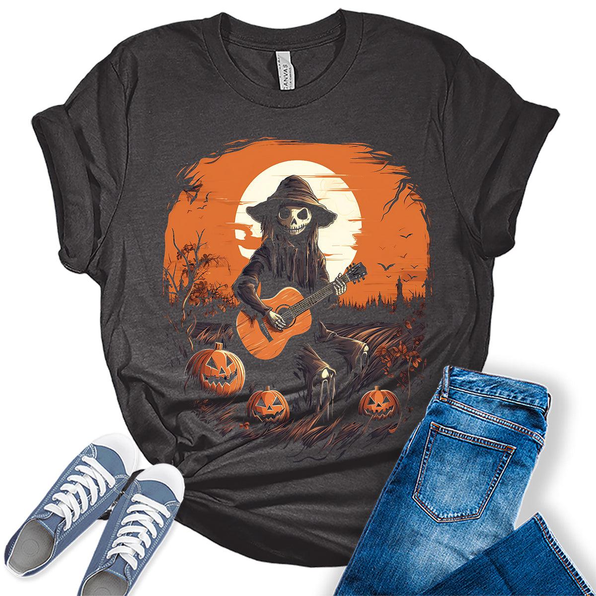 Scarecrow Playing Guitar Funny Halloween Jack-o-lantern Womens T-Shirt