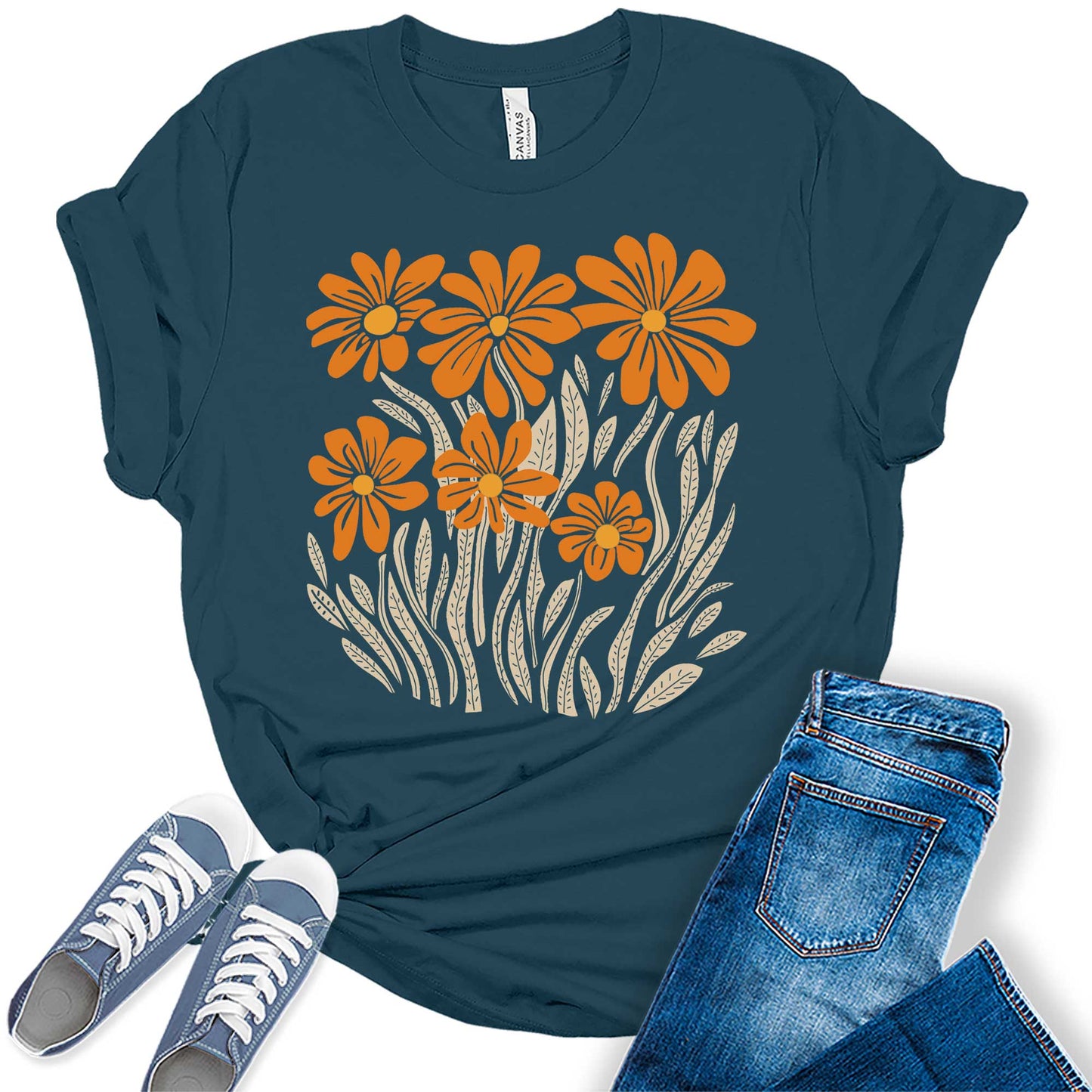 Womens Boho Fall Floral Daisy Graphic Tees