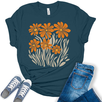 Womens Boho Fall Floral Daisy Graphic Tees