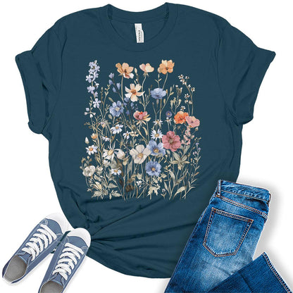 Women's Vintage Floral T Shirt Boho Wildflower Graphic Short Sleeve Tops