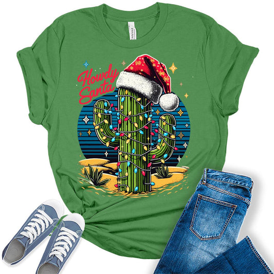 Howdy Santa Cowboy Cactus Western Girl Christmas T-shirt