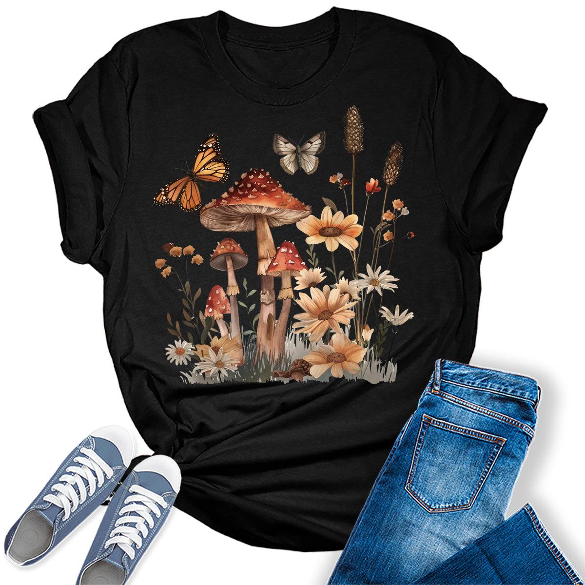 Wildflower Mushroom Butterfly Graphic Tees For Women