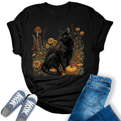 Fall Black Cat Graphic Tees For Women