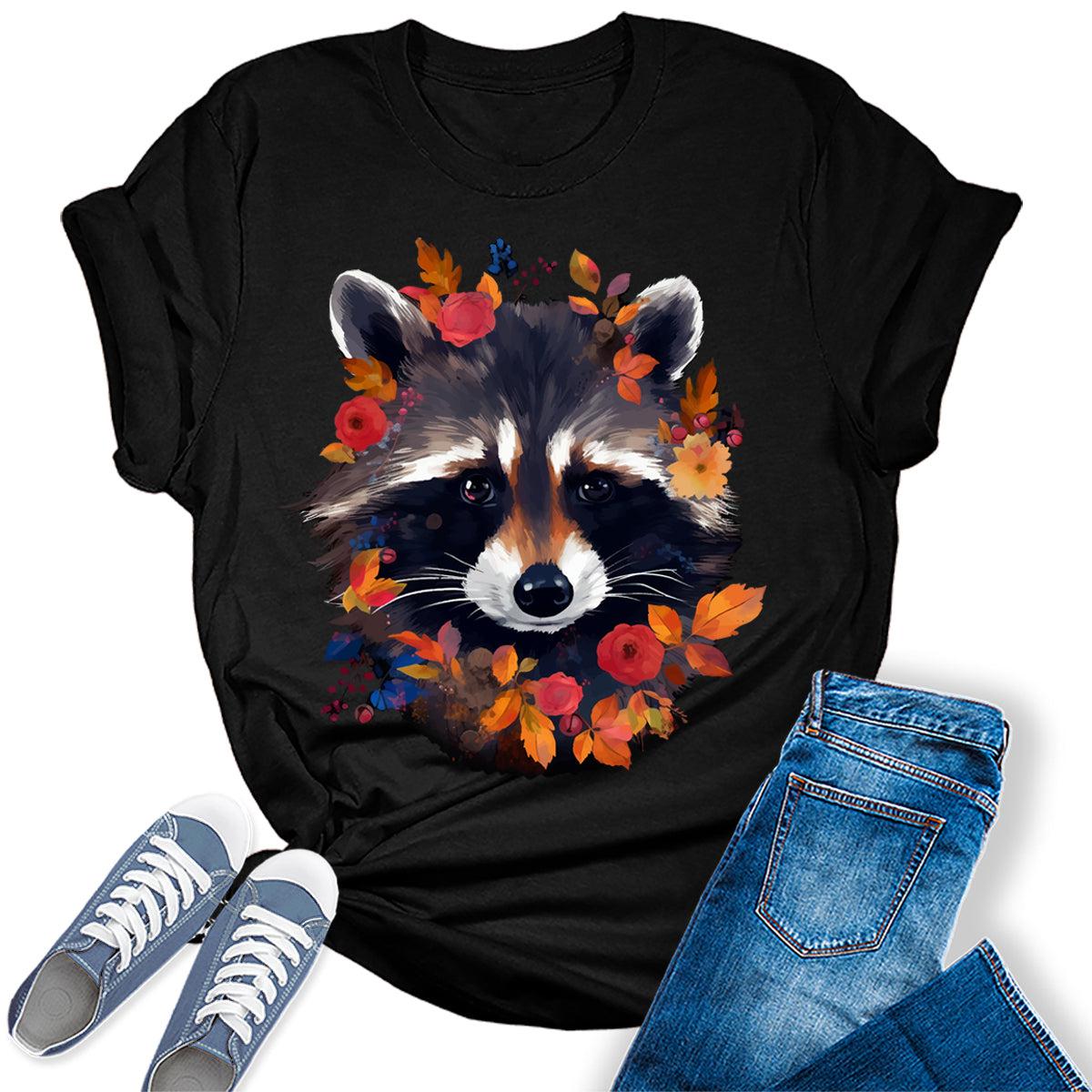 Fall Raccoon Face Flowers Graphic Tees For Women