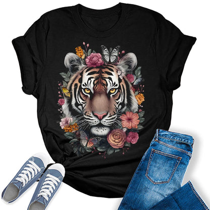 Floral Tiger Face Animal Graphic Tees For Women