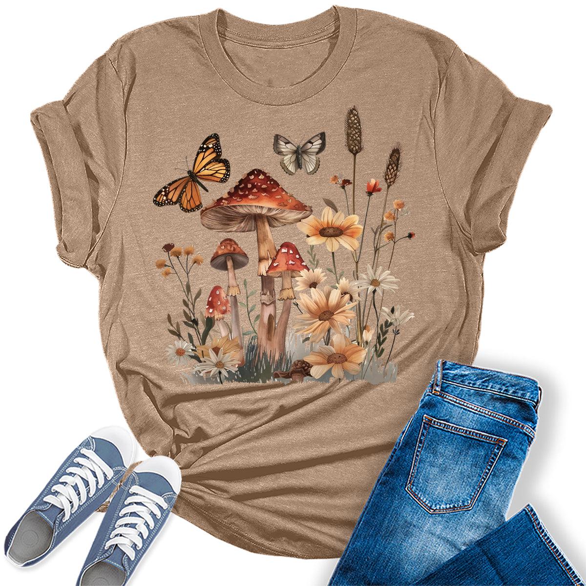 Wildflower Mushroom Butterfly Graphic Tees For Women