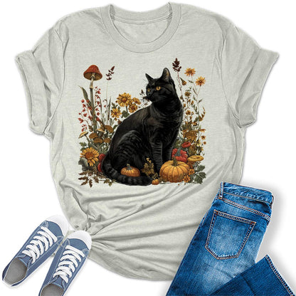 Fall Black Cat Graphic Tees For Women