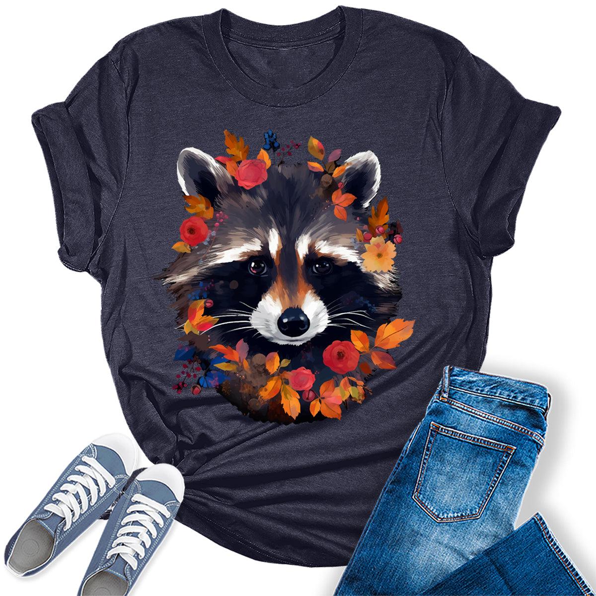 Fall Raccoon Face Flowers Graphic Tees For Women