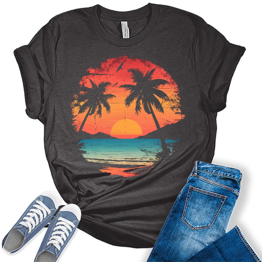 Sunshine Palm Tree Shirt for Women Summer Beach Graphic Tees