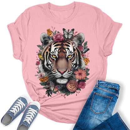 Floral Tiger Face Animal Graphic Tees For Women