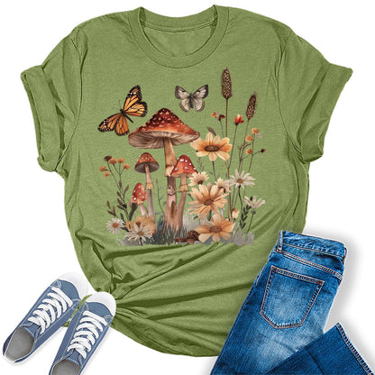 Wildflower Mushroom Butterfly Graphic Tees For Women