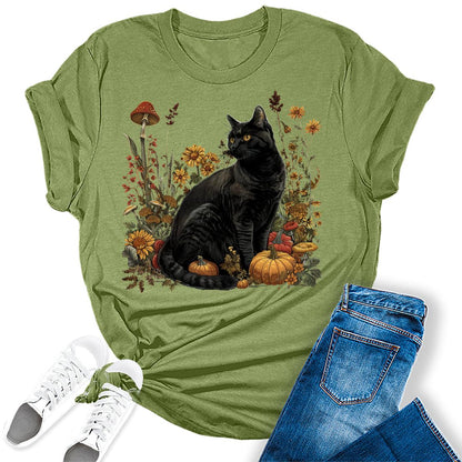 Fall Black Cat Graphic Tees For Women