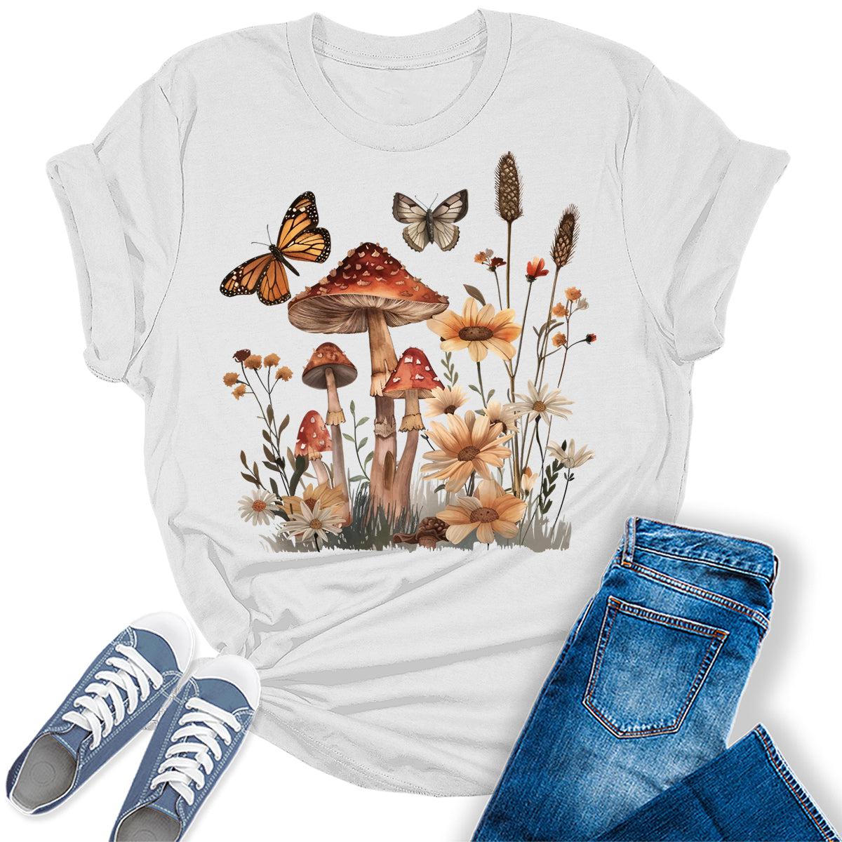 Wildflower Mushroom Butterfly Graphic Tees For Women