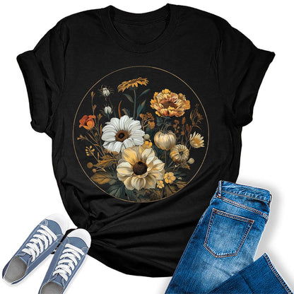 Beautiful Flowers Circle Graphic Tees For Women