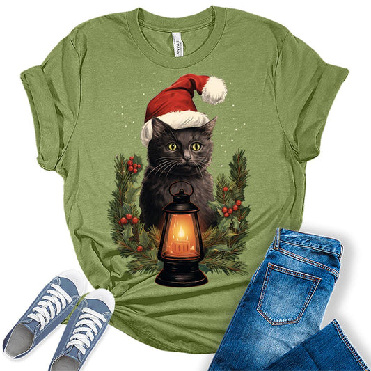 Cat Shirt Santa Christmas Shirts for Women Plus Size Graphic Tees