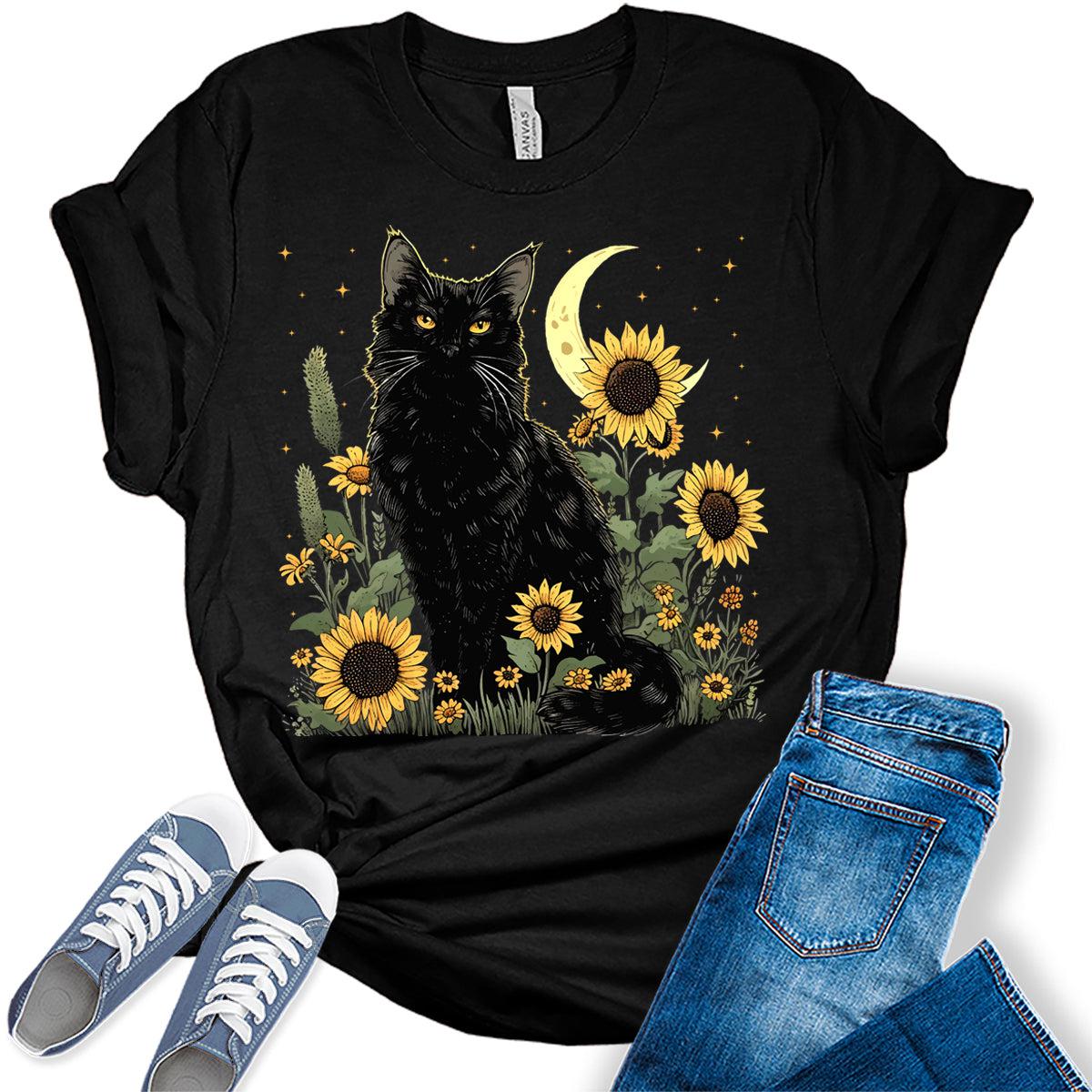 Cat Shirts Boho Sunflower Aesthetic Trendy Floral Summer Graphic Tees for Women