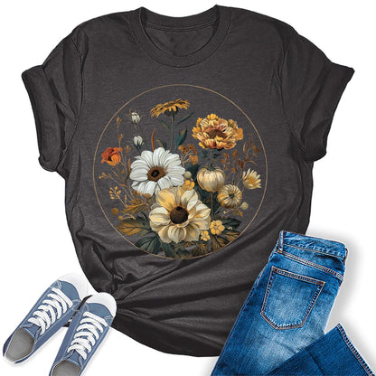 Beautiful Flowers Circle Graphic Tees For Women