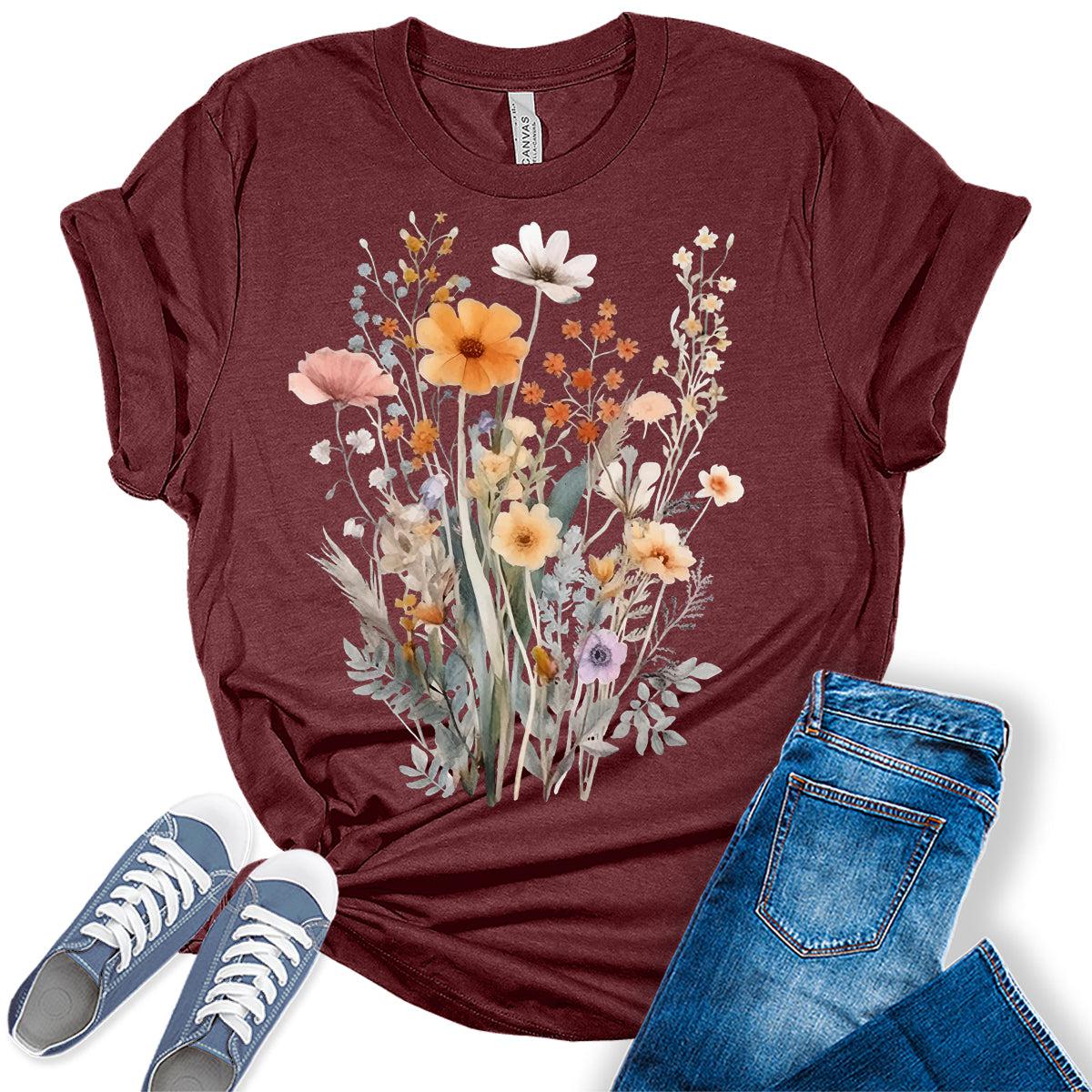 Vintage Boho Tops Trendy Wildflower Cottagecore Shirts Womens Graphic Tees