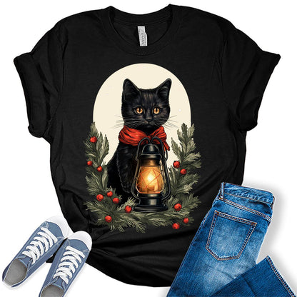 Cat Shirt Cute Christmas Tshirts for Women Plus Size Holiday Graphic Tees