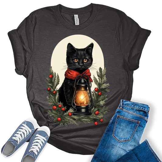 Cat Shirt Cute Christmas Tshirts for Women Plus Size Holiday Graphic Tees