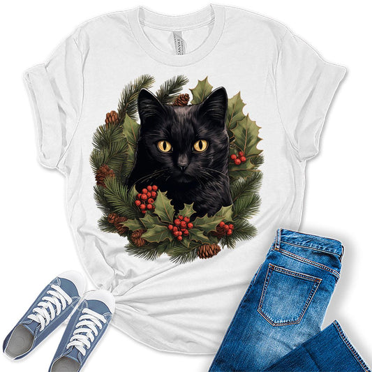 Cat Shirt Christmas Wreath Tshirt Plus Size Holiday Graphic Tees