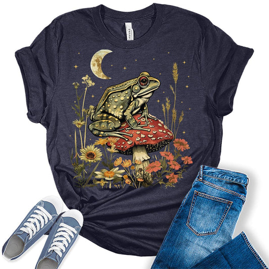 Frog Mushroom Moon Shirt Vintage Cottagecore Trendy Summer Graphic Tees for Women