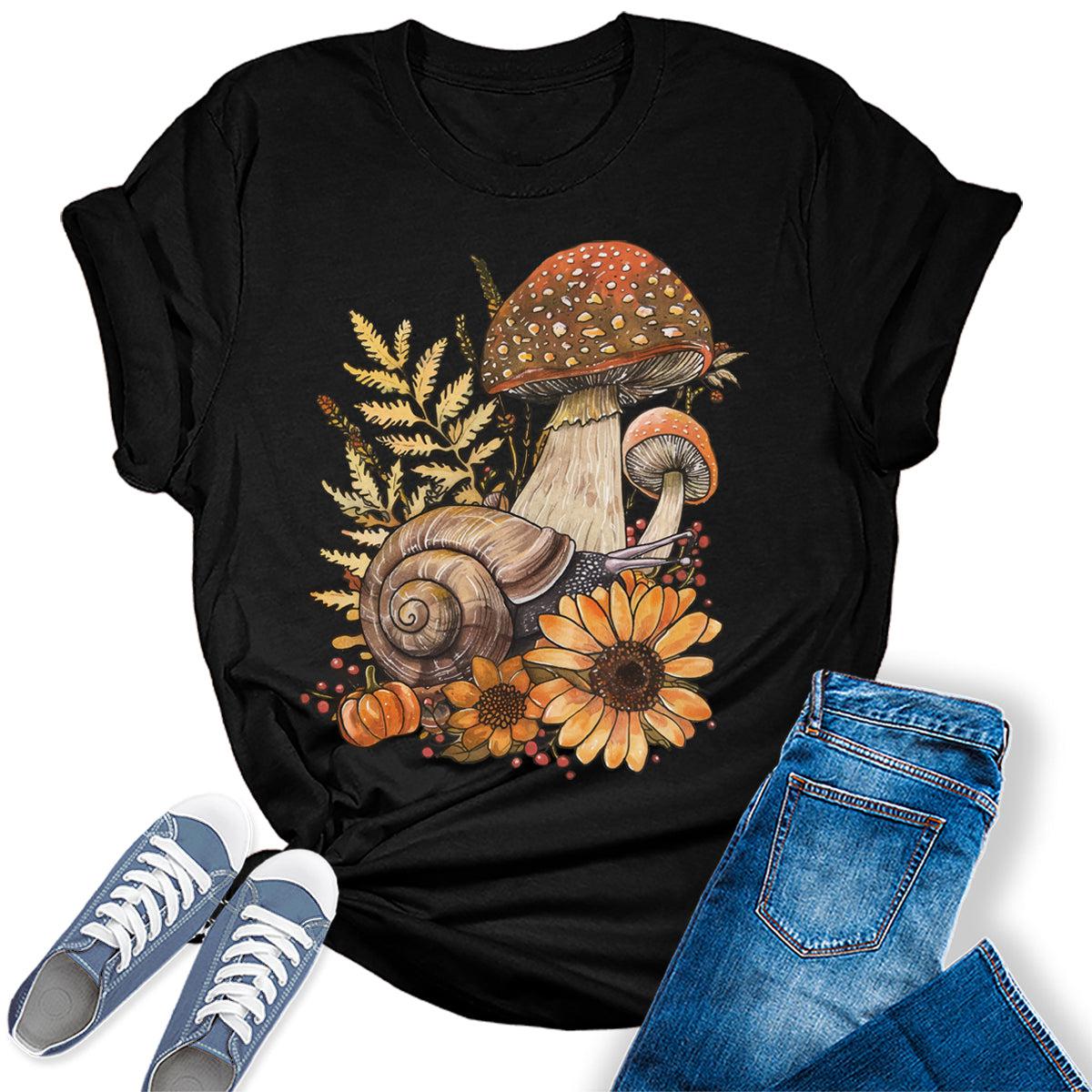 Fall Mushroom Snail Flowers Goblincore Graphic Tees For Women