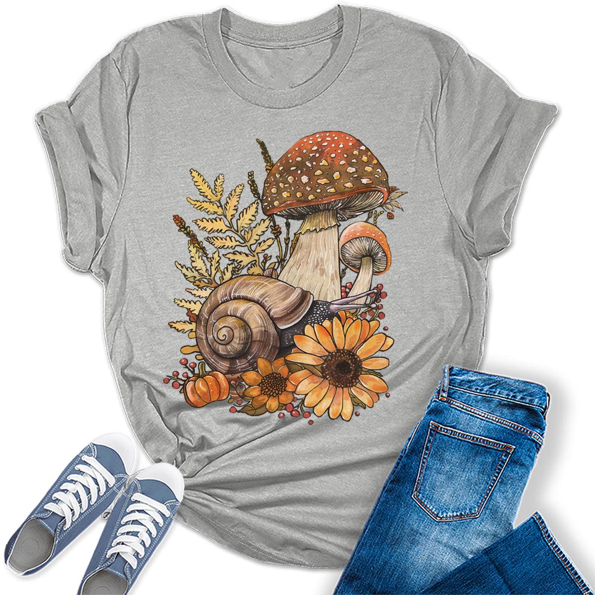 Fall Mushroom Snail Flowers Goblincore Graphic Tees For Women