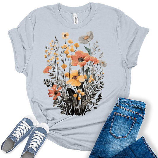 Boho Wildflower Tops for Women Vintage Graphic Tees Floral Cottagecore Shirts