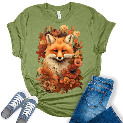 Fox Shirt Cottagecore Tshirt Floral Fall Graphic Tees for Women