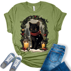 Black Cat Christmas Candle Decor Funny Cat Lover Xmas Holiday T-shirt
