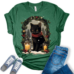 Black Cat Christmas Candle Decor Funny Cat Lover Xmas Holiday T-shirt