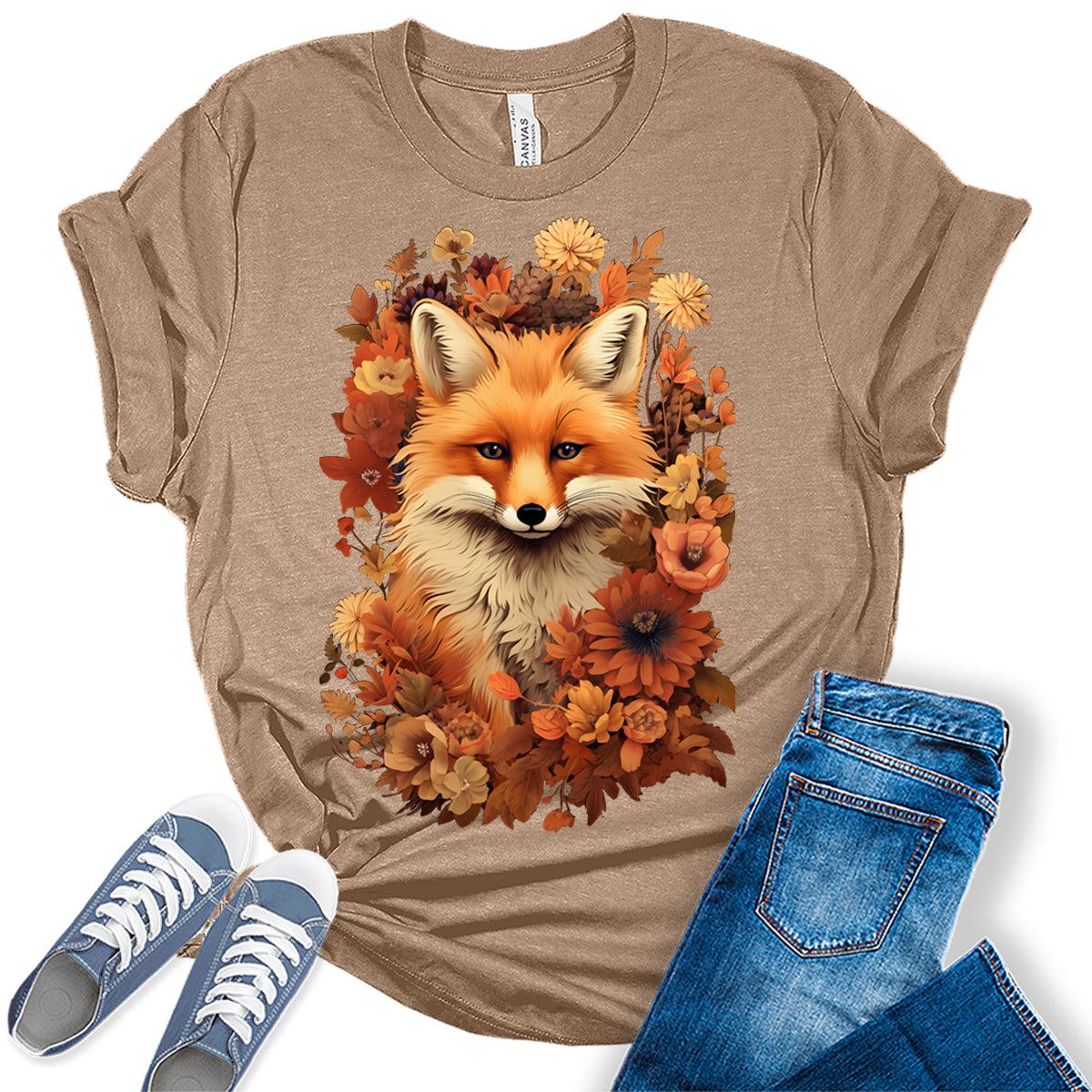 Fox Shirt Cottagecore Tshirt Floral Fall Graphic Tees for Women