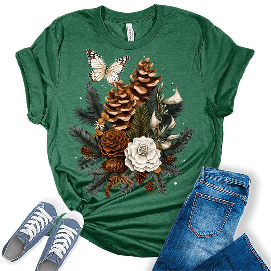 Cottagecore Shirt Floral Pinecone Butterfly Christmas Tshirts for Women