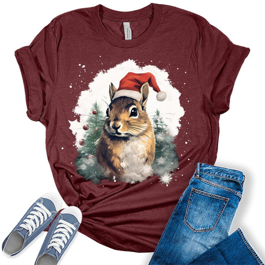 Cute Squirrel Wearing a Santa Hat Shirt For Women