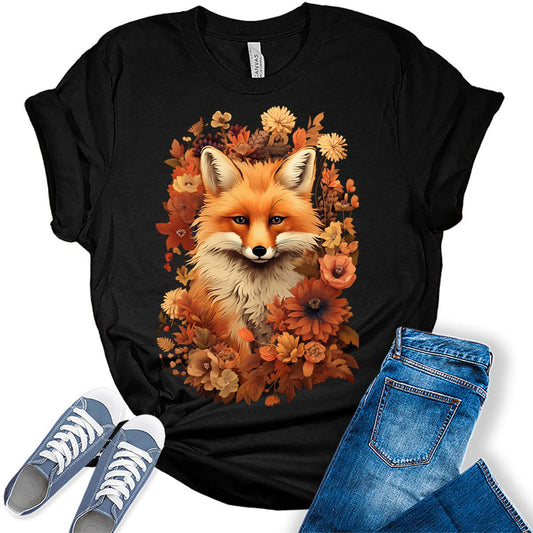 Fox Shirt Cottagecore Tshirt Floral Fall Graphic Tees for Women