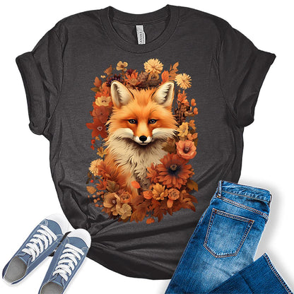 Fox Shirt Cottagecore Tshirt Floral Fall Graphic Tees for Women