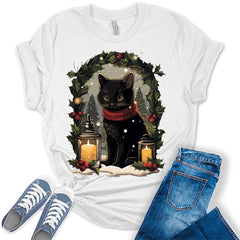 Black Cat Christmas Candle Decor Funny Cat Lover Xmas Holiday T-shirt