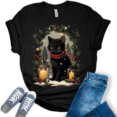Black Cat Christmas Candle Decor Funny Cat Lover Xmas Holiday T-shirt