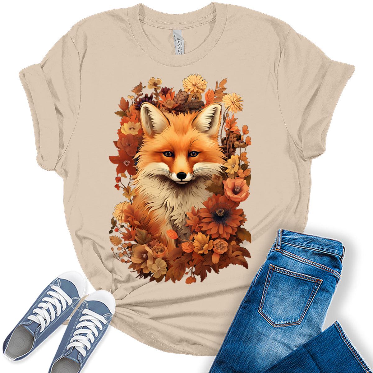 Fox Shirt Cottagecore Tshirt Floral Fall Graphic Tees for Women