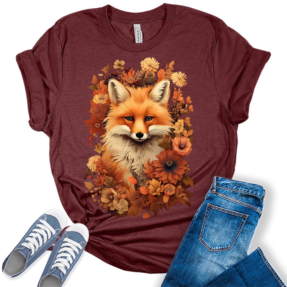 Fox Shirt Cottagecore Tshirt Floral Fall Graphic Tees for Women