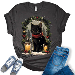 Black Cat Christmas Candle Decor Funny Cat Lover Xmas Holiday T-shirt