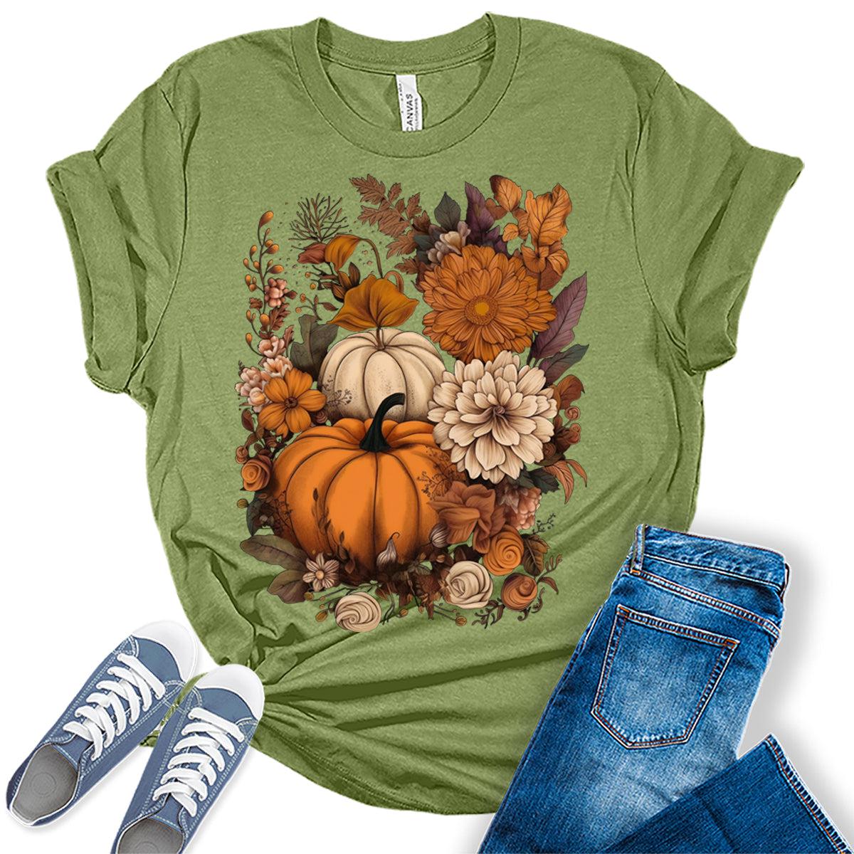 Cottagecore Shirt Floral Pumpkin Tshirt Fall Thanksgiving Graphic Tees for Women