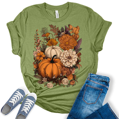 Cottagecore Shirt Floral Pumpkin Tshirt Fall Thanksgiving Graphic Tees for Women