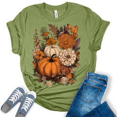 Pumpkin Floral Womens Fall Thanksgiving T-shirt