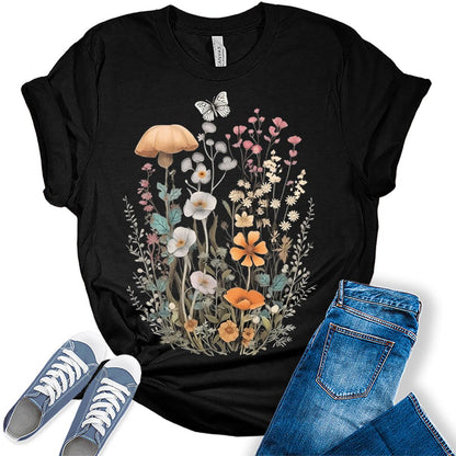 Wildflower Floral Flowercore Mushroom Butterfly T-shirt For Women