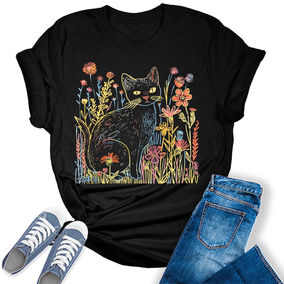 Cat Shirts Cute Wildflower Graphic Tees For Women