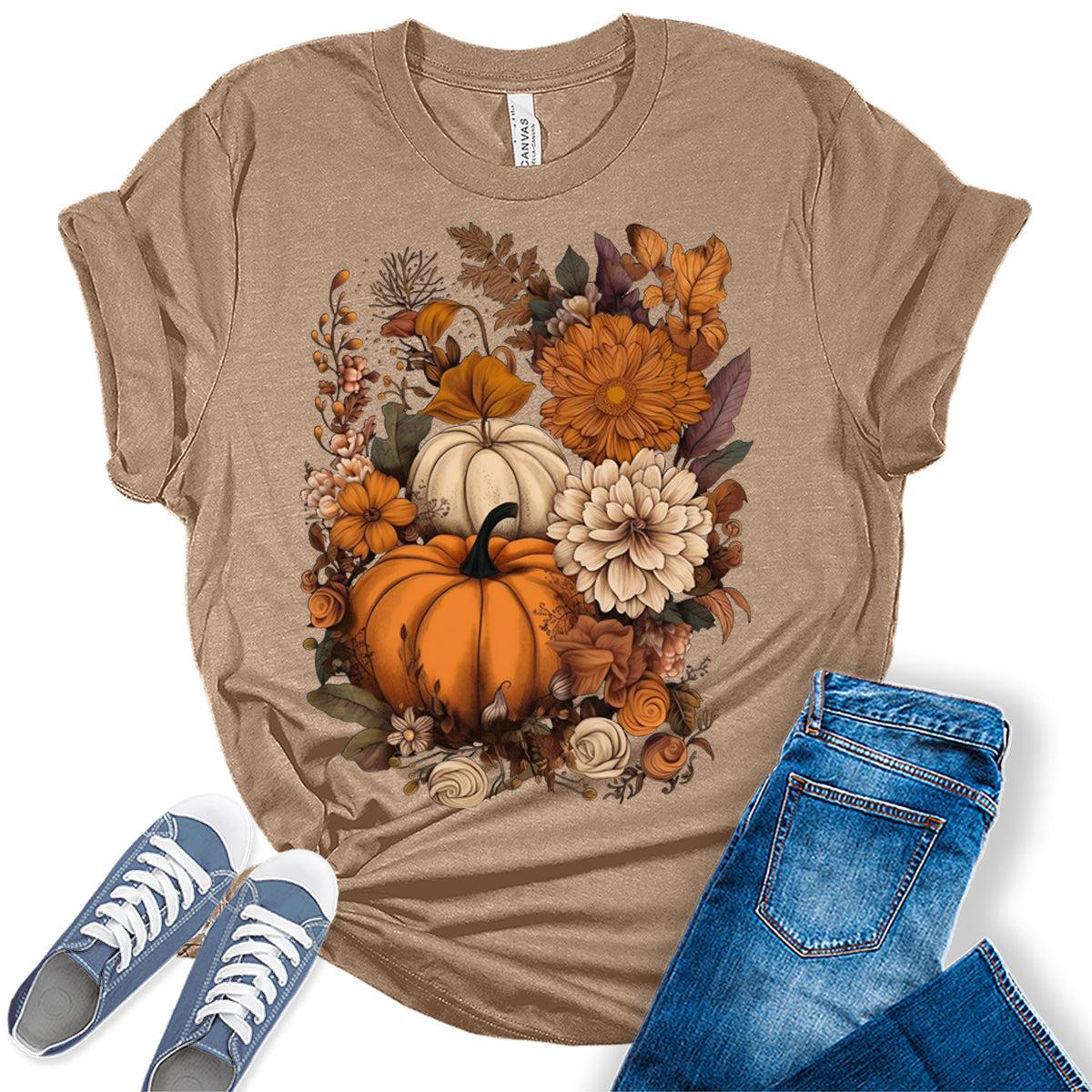 Cottagecore Shirt Floral Pumpkin Tshirt Fall Thanksgiving Graphic Tees for Women
