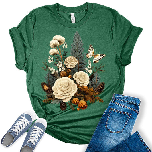 Cottagecore Shirt Floral Pine Cone Plus Size Christmas Tshirts for Women